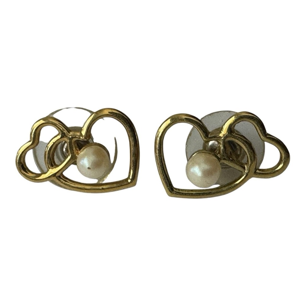 Vintage Hearts Faux Pearl Gold Tone Earrings